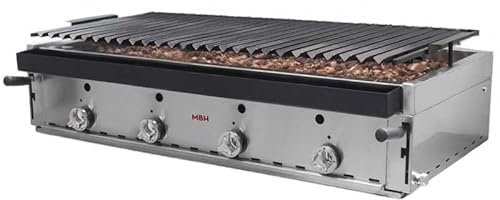 MBH - Barbacoa a gas profesional de piedra volcánica 120 cm económica para hostelería. Barbacoa industrial parrilla pavonada para bar, restaurante.