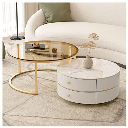 ZFF Runden Couchtisch Rund 2er Set Modern Satztische Fürs Wohnzimmer Schlafzimmer Couch Beistelltisch Gehärtetes Glas + Gesinterte Steinplatte Mit Schublade Kaffeetische Metallrahmen (Size : 70+50cm)