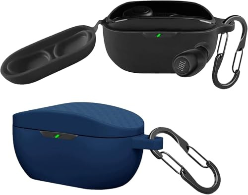 [2-pack] easyBee fodral kompatibelt med JBL Wave Buds 2/JBL Wave Buds [med 2 karbinhakar], flytande silikonfodral ultratunt stötsäkert skyddande fodral Bluetooth hörlursväska – svart och blå