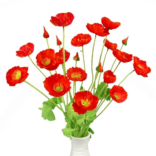 Tenorbass Fleurs Artificielles Coquelicot Fleurs en Soie avec Tiges, Faux Coquelicot Fleurs Décoratives Plantes Réalistes Bouquet pour Maison Cuisine Mariage Bureau Décorations (Orange Rouge)