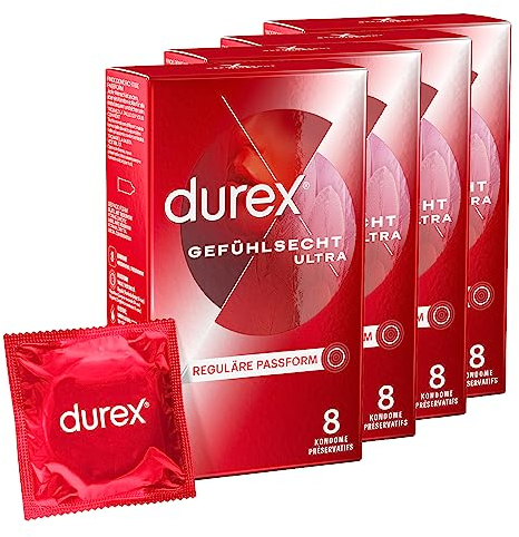 Durex Gefühlsecht Ultra Kondome – Sensi-Fit Kondome mit 20% dünnerem Material an der Spitze für intensiveres Empfinden – 4er Pack (4 x 8 Stück)