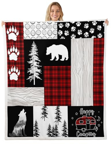Erosebridal Patchwork Grid Throw Blanket, 60x80, Checked Plaid Black and White, Wolf Bear Wildlife Paw Print Fleece, Weed Plant Fuzzy, Rustic Wooden Cabin Decor