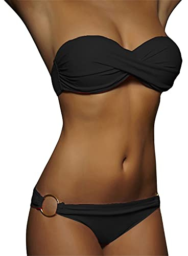 Conjunto de bikini push-up de 2 piezas para mujer, traje de baño con cintura alta, parte superior de bikini, moda de playa, bikini a rayas sin tirantes, Negro , M