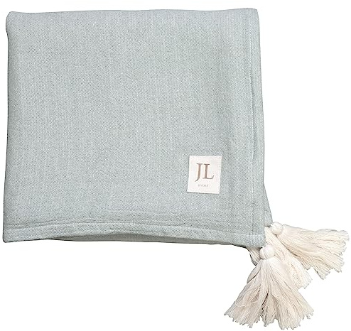 Jean & Len Sofadecke mit Quasten aus 100% Bio-Baumwolle, Oeko-TEX & GOTS Zertifiziert, produziert in der Türkei, wendbare Decke für das Sofa, Farbe Ecru/Mint, Maße 130x180 cm
