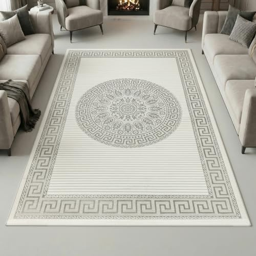 Teppich-Traum Kurzflor Teppich Orient Ornamente Creme Grau 200x290 cm | Pflegeleicht, strapazierfähig, schmutzabweisend, fußbodenheizungsgeeignet, OEKO-TEX geprüft, mit Glanzeffekt, 8 mm Flor