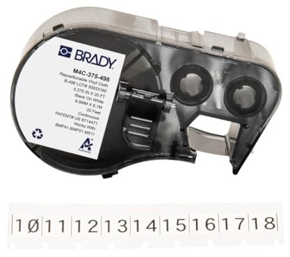 Brady Repositionierbares Vinyl-Kabeletiketten-Band für Etikettendrucker BMP41/BMP51/BMP53/M511 - Selbstklebende Vinyl-Drucker-Etiketten - Schwarz auf Weiß (9.53 mm x 6.10 m) - M4C-375-498