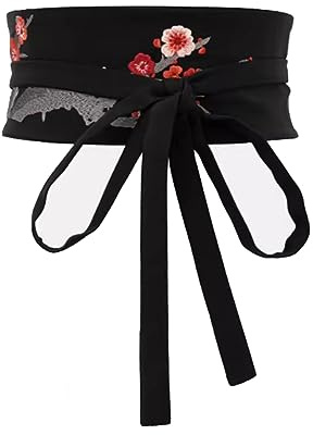 Inzegao Japanischer Obi-Gürtel für Damen, Kimono, Robe, Yukata, breiter Blumen-Wickel-Bund, Gürtel, Black Style B, Einheitsgröße