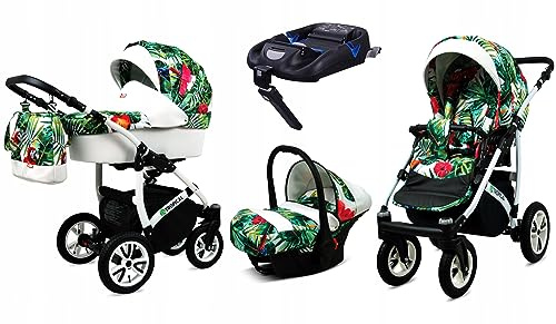 BabyLux® Kinderwagen Set 4 in 1 - Tropical - incl. Babywanne, Buggy Sportsitz, Auto-Babyschale, ISOFIX-Basisstation - Autositz - Kinderwagenset - Kombikinderwagen mit Wickeltasche usw.