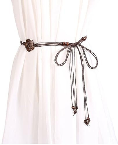 Yurosiay Damen Taillengürtel Handgefertigt Holzperlen Geflochtener Gürtel Schmal Vintage Dünner Flechtgürtel Gewebte Gürtel Kleid Boho Taillengürtel Braun Schmaler Hüftgürtel für Kleid Mäntel