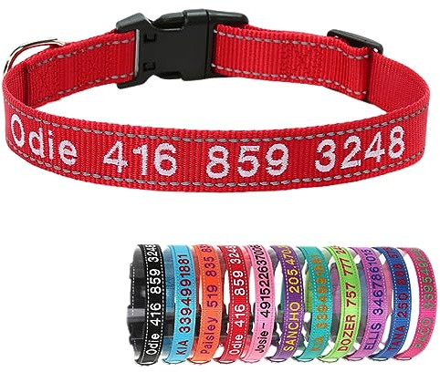 Reflektierend Nylon Hundehalsband Personalisiert mit Individuell Gesticktem Namen und Telefon für Große Mittlere Kleine Hunde Welpe