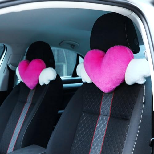 Macarrie 2 Pcs Plush Heart Shaped Pillow with Angel Wings Car Headrest Soft Comfortable Seat Pillow for Driving Travelling Room Office Car Decor, 19.7 x 8.3 Inch(Pink)