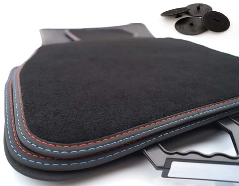 Fußmatten passgenau für BMW X1 MX1 M35i (U11) Premium Velours Automatten Matten in Original Qualität 4-teilig, Schwarz, M Doppelnaht Rot Blau