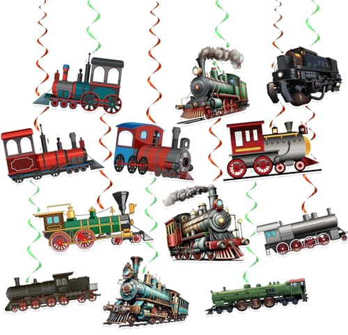24 stycken tåg hängande dekorationer ångtåg hängande virvel tåg födelsedagsfest tillbehör för retro tåg festdekorationer tåg transport dekorationer