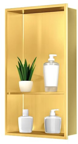 sunrik Wandnische Dusche, Edelstahl zweistufige Duschnische 30x60cm, Golden | Wandnische Lagerung mit einem Regal（40/20cm）