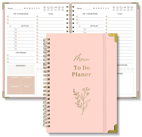 Cucoller Planificador diario sin fecha, cuaderno con lista de tareas, agenda de agenda, cuaderno espiral, 120 páginas/60 hojas, tapa dura, planificación diaria para oficina, escuela, organizador (rosa