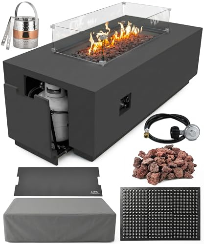 AMS Fireplace Genuine Concrete Rectangular Propane Fire Pit Table for Outside Patio (66 Sedona) | Hidden Tank Drawer & Electronic Ignition | Bundle w/Wind Guard, Burner Lid & Cover (Dark Gray)