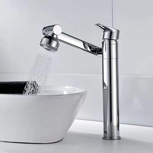 1080 grad drehbarer wasserhahn, Wasserhahn Bad, Mischbatterie waschbecken, Kaltwasserhahn gäste wc, Warm- und Kaltwasserhahn Für Badezimmer, Mit zwei 60 cm langen Schläuchen (elektroplattiert, hoch)