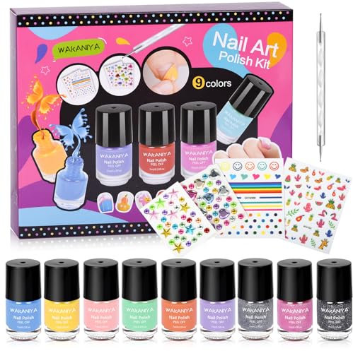 Kinder Nagellack-Quick Dry Mini Nagellack Set für Mädchen mit Edelsteinen Aufkleber, 9 Farben Nagellack Nicht-Toxic Wasser-Based Peel-Off Low Geruch Kleinkind Nagellack Set für Alter 3+ Nail