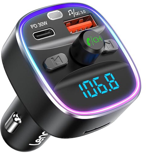 LENCENT Bluetooth 5.4 FM Transmitter Auto Adapter 48W [PD 30W & 18W] [7 Farben Licht] [Schnelles Aufladen] Kabelloser Radio Adapter für Musik und Freisprecheinrichtung, unterstützt USB-Laufwerk