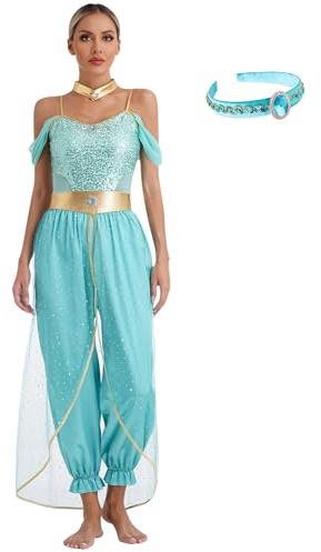 iEFiEL Damen Bauchtanz Kostüm Glitzer Tanzkostüm Indische Cosplay Mottoparty Arabische Prinzessin Kostüm für Karneval Fasching Halloween Verkleidung Türkis XXL