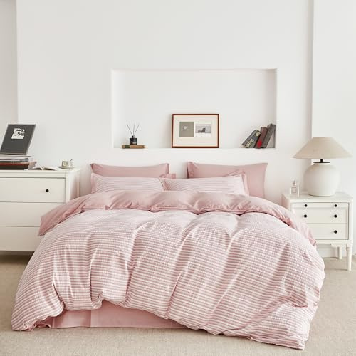SUSYBAO Pink Stripe Duvet Cover Queen 100% Cotton 3 Pcs Set 1 Textured White Seersucker Duvet Cover with Zipper Ties 2 Pillow Shams Washed Cotton White Striped Bedding Set Soft