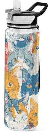 Mnsruu Cats Vintage Water Bottle Sports Drinking Bottle with Straw 1L BPA Free Tritan Clear Drinks Bottle for Kids Boys Girls Adults School Travel