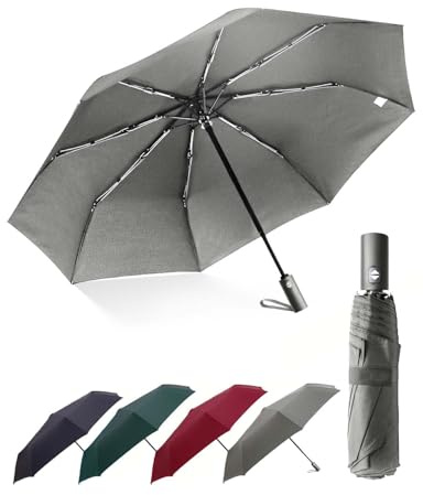 HW CASA Ombrello Pieghevole Antivento 105 CM,Apertura Chiusura Automatico,Ombrello Grande con 8 Nervature in Lega di Fibra di Vetro,Compatto e Portatile Ombrello Automatico,Ombrello Donna,Grigio