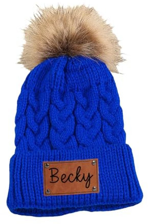 Personalisierte Baby-Mütze, Kleinkind-Mütze, Winter-Baby-Mütze, Individuelle Baby-Namensmütze Mit Lederaufnäher, Bommelmütze For Jungen Und Mädchen, Kleinkind-Mütze, Niedliche Bommel-Strickmütze