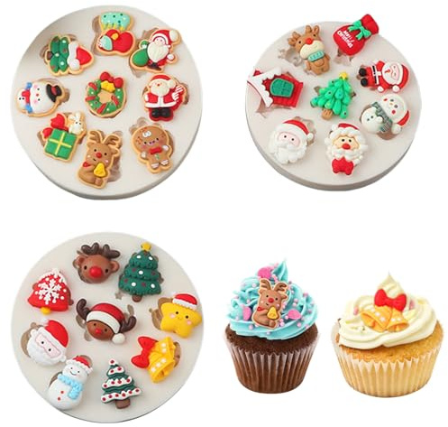 Weihnachts-Fondant-Formen, 3 Stück, 26 Mulden, Schneemann, Baum, Weihnachtsmann, Elch, Glocke, Weihnachts-Silikonformen, Mini-Silikon-Backformen für Kuchendekoration, Cupcake-Topper, Süßigkeiten,