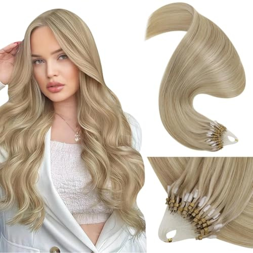 LaaVoo Micro Loop Hair Extensions Human Hair, Golden Blonde Highlight 16 In | 50g Soft Micro beads Extensions with Comfortable Fit, Add Volume for Daily Wear, Easy to Apply for Beginners