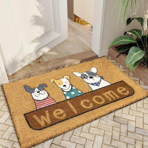 Qingbei Rina Welcome Outdoor Door Mat With Dog,60x90cm Coir Front Door Mat Outside Non Slip Backing,Large External Door Mats