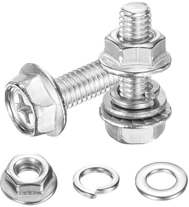 sourcing map M6 x 20mm Flanged Hex Head Bolts, 20Pcs 304 Stainless Steel Flange Hexagon Screws with Nuts, Flat & Lock Washers, Fully Threaded, for Machinery Industry Home Appliances