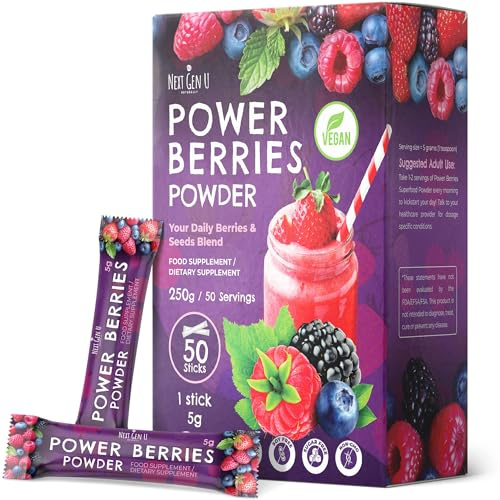 Super Berry Powder - 5g Travel Sticks, 50 Packets Individually Wrapped - Immune Support - Food Supplement - Superfood Berries - Smoothie Mix for Shakes - Healthy Boost for Detox Juice - by NextGenU