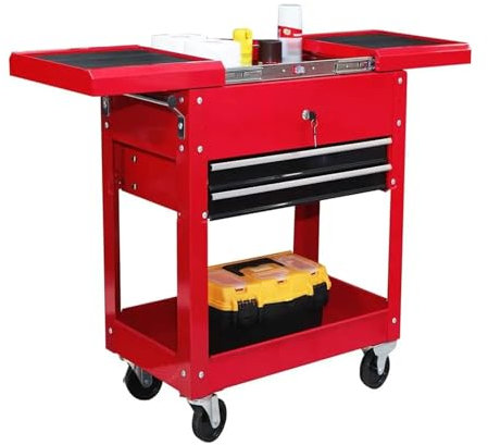 Toolbox Rolling Garage Workshop Tool Organizer with Directional Wheels, 2 Drawer Tool Chest Tray with Top Work Surface and Storage Push Cart Tool Storage Box