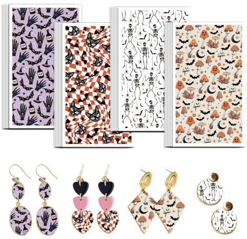 OLYCRAFT Skalle lera överföringspapper 4 design 24 st överföringspapper för polymerfladdermöss och svamp polymerlera överföringsark halloween mönster små keramiska dekaler för örhängen