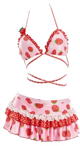 haikyuu Women Strawberry Swimsuit Kawaii Bikini Cute Bathing Suit Pink Y2k Swimwear Vintage Retro (US, Alpha, X-Large, Regular, Regular, Standard, red)