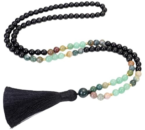 Generisch 108 Mala-Perlen-Knotenkette Für Männer Und Frauen, Natürliches Schwarzes Onyx-Armband, Lange Halskette Mit Schwarzer Quaste, Gebet, Spirituelle Meditation, Schmuck, Geschenke