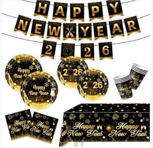 Happy New Year Eve Party Tableware Decorations for 2026 ,51 Pcs Black and Gold Tableware New Year Paper Decorations Set Tablecloth, Plates, Cups, and Napkins for Eve Party Supplies