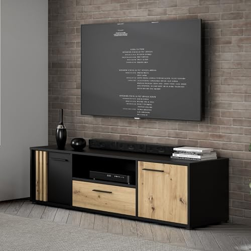Forte Cardigan TV-Schrank 160, modernes Lowboard, 2-türig, 1 Schublade, Wohnzimmer, Holzwerkstoff, Artisan Eiche Holzdekor|Schwarz, 162,6 cm breit x 43,9 cm hoch x 41,5 cm tief