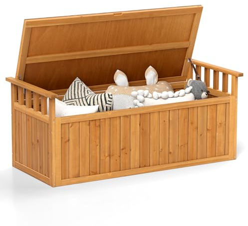 COSTWAY Gartenbox Holz, 209 L Auflagenbox mit Armlehnen & Deckel & Griff, 2-Sitzer Bank, Gartenbank mit Stauraum, Aufbewharungsbox Outdoor, für Garten Terrasse, 128 x 58 x 53 cm (Natur)