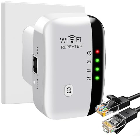 2,4 GHz Wi-Fi-repeater, 300 Mbps WiFi-förstärkare med 360° täckning, extern WiFi-förlängare med Ethernet-port och RJ-45-kabel kompatibel med alla Wi-Fi-enheter