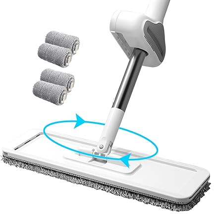 Trapeador plano con escurridor automático Trapeador de piso de microfibra de secado rápido giratorio de 360° con 4 almohadillas para limpieza de madera dura, laminado y azulejos húmedos y sec..