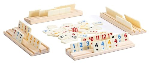 DABOVIN Digitale Rommé KartenSpiele, Reisegröße für 4 Spieler mit 4 Holzständern und 106 MelaminSteinen, Männer und Frauen