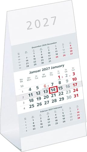3-Monats-Aufstellkalender 2027: Tischkalender 11x21 cm mit 3 Monaten pro Blatt, Datumsschieber, Wochenzählung, Kopftafel & Fußleiste, Jahresübersicht & Ferien ideal für Büro & Homeoffice