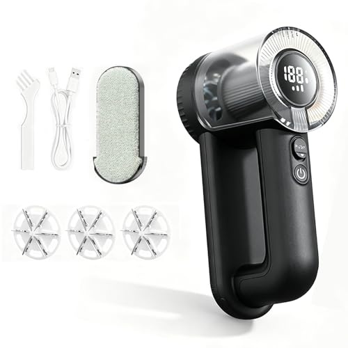 Electric Lint Remover, 2000mAh Rechargeable Fabric Shaver and Bobble Remover for Clothes, Sweaters & Furniture, 3-Speed, 6-Leaf Blade, LED Display, Quickly Removes Pills, Fuzz, Lint & Bobbles (Black)
