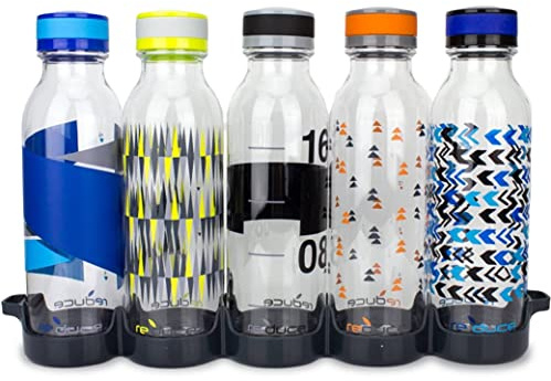 REDUCE WaterWeek Reusable Water Bottle Set, 20oz – Plastic Reusable Water Bottle Set of 5, Plus Fridge Tray – BPA-Free, Leak Proof Twist Off Cap – Trek