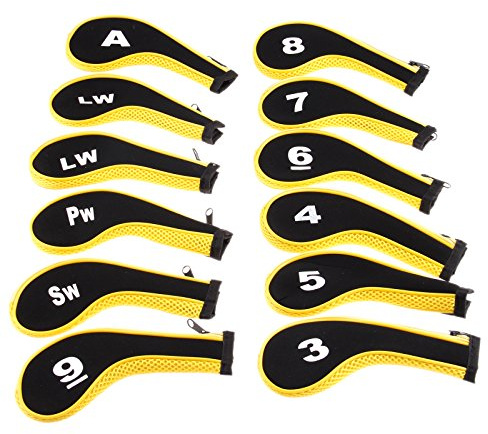 Golf Club Head Cover Yellow Neoprene Long Number Printed Zipper Club Head Protective Cover (12pcs/set)