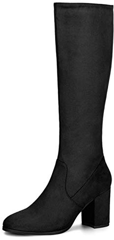 Allegra K Botas Rodilla alta Tacón grueso Cremallera lateral Punta redonda para mujeres Negro 36