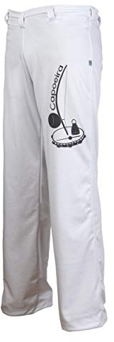 JL Sport Authentic Brazilian Capoeira Men's Martial Arts Trousers (Berimbau Print Alongside Leg) - S White