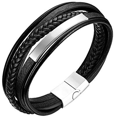 Flongo herrarmband män kedja läderarmband, rostfritt stål flätat läder äkta läder armband armring armband kors länk svart silver guld biker män tillbehör, 18 cm, Läder